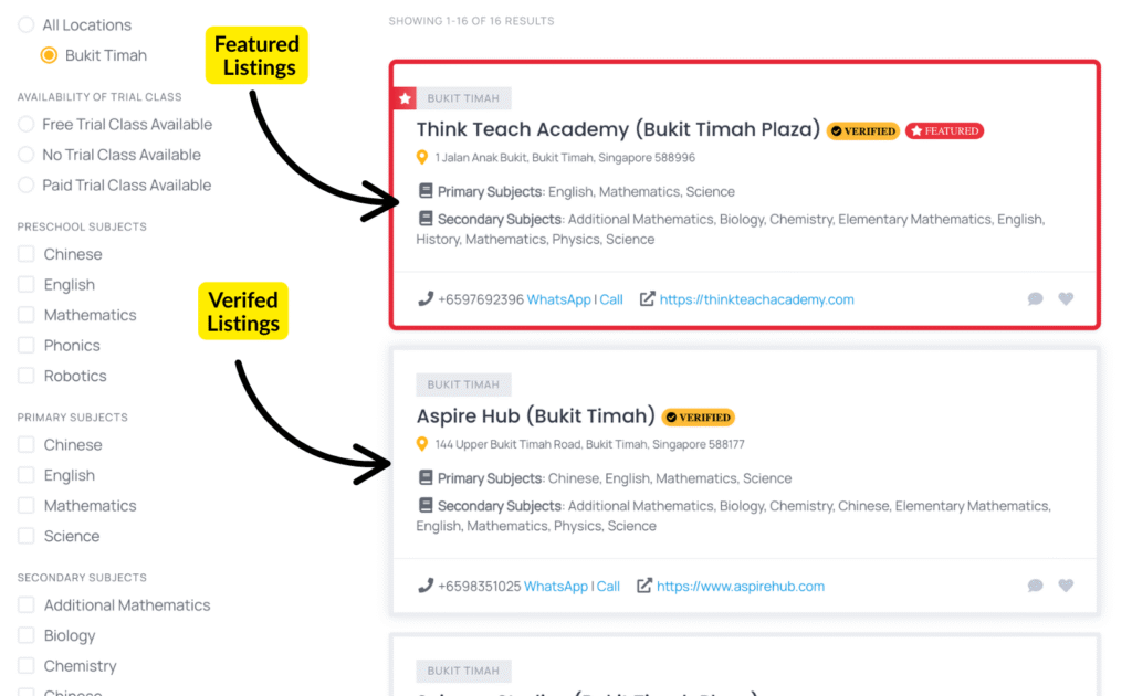 TCD Featured Tuition Centre Listings Placement