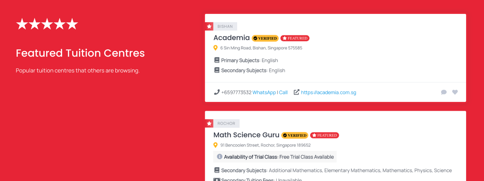 TCD Featured Tuition Centres Listings Showcase